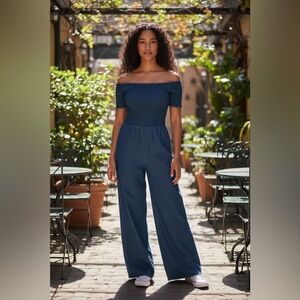 Smocked Off Shoulder Denim Jumpsuit Wide Leg Women’s Size medium
